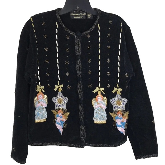 Christopher Radko BellPointe Womens Ugly Christmas Sweater M Black Beaded Angels - Picture 9 of 11